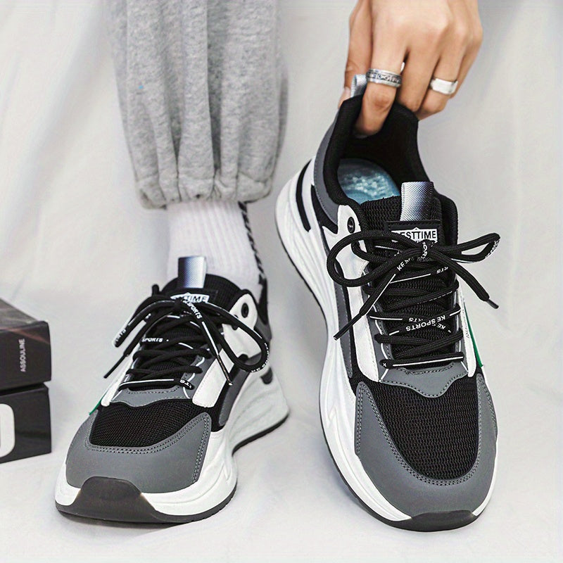 Men's Trendy Lace-up Sneakers, Wear-resistant And Breathable Casual Shoes With PU Leather Uppers For Jogging Traveling Workout Gym