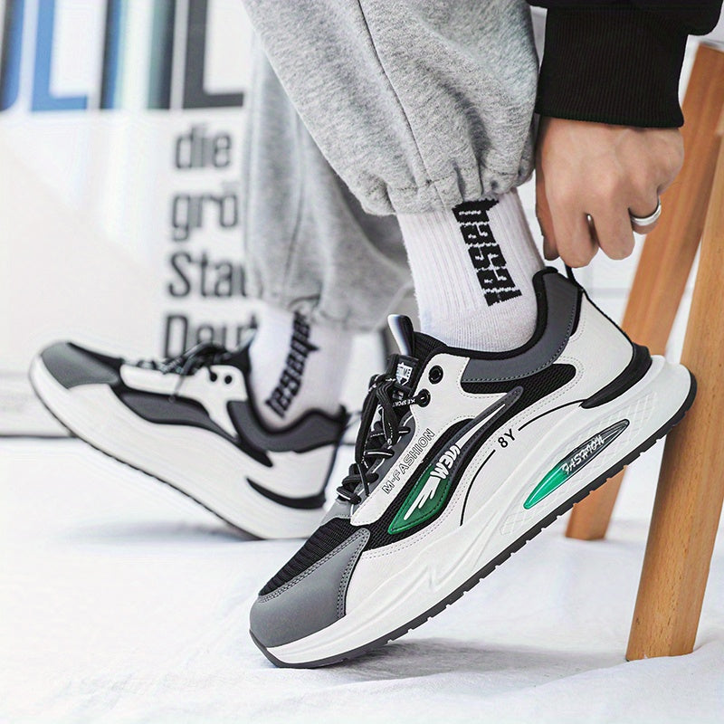 Men's Trendy Lace-up Sneakers, Wear-resistant And Breathable Casual Shoes With PU Leather Uppers For Jogging Traveling Workout Gym