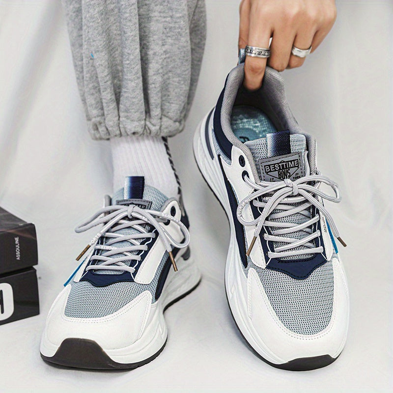 Men's Trendy Lace-up Sneakers, Wear-resistant And Breathable Casual Shoes With PU Leather Uppers For Jogging Traveling Workout Gym