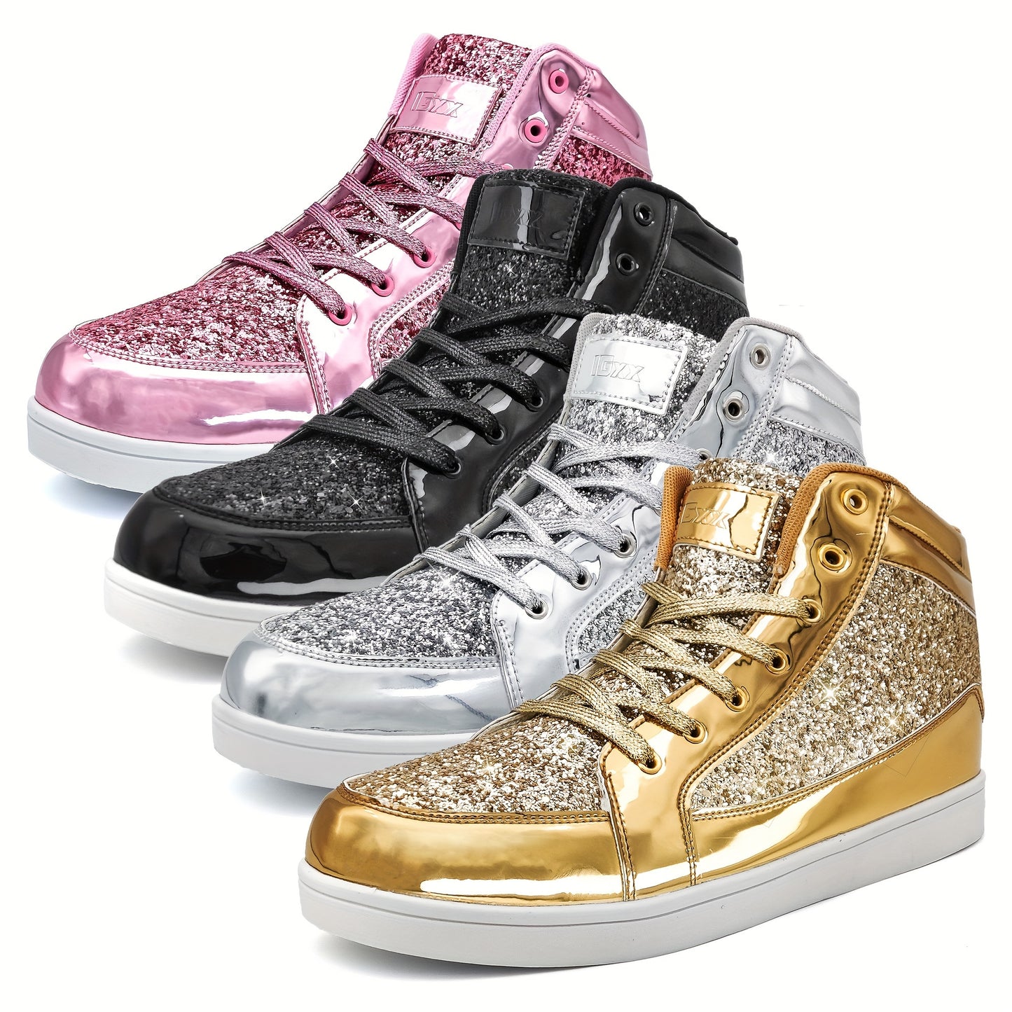 Men's High Top Sequin Shoes, Fashion Shiny Casual Sneakers For Parties & Discos, Golden\u002FSilver